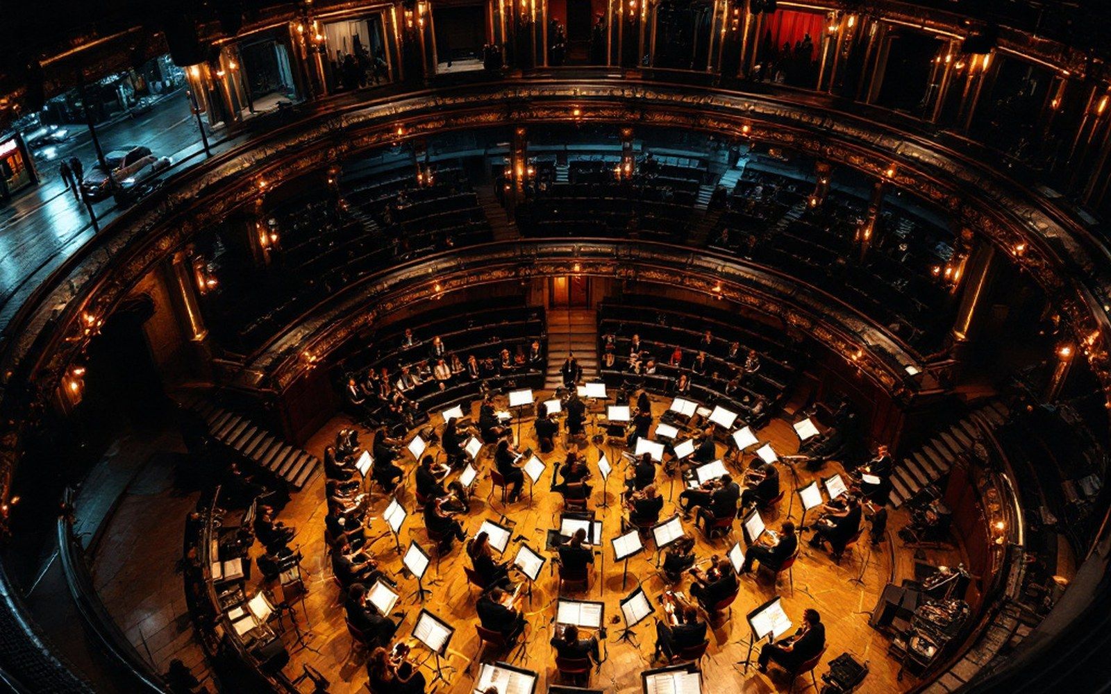 An orchestra pit photographed from above, players in place and music open on the stands