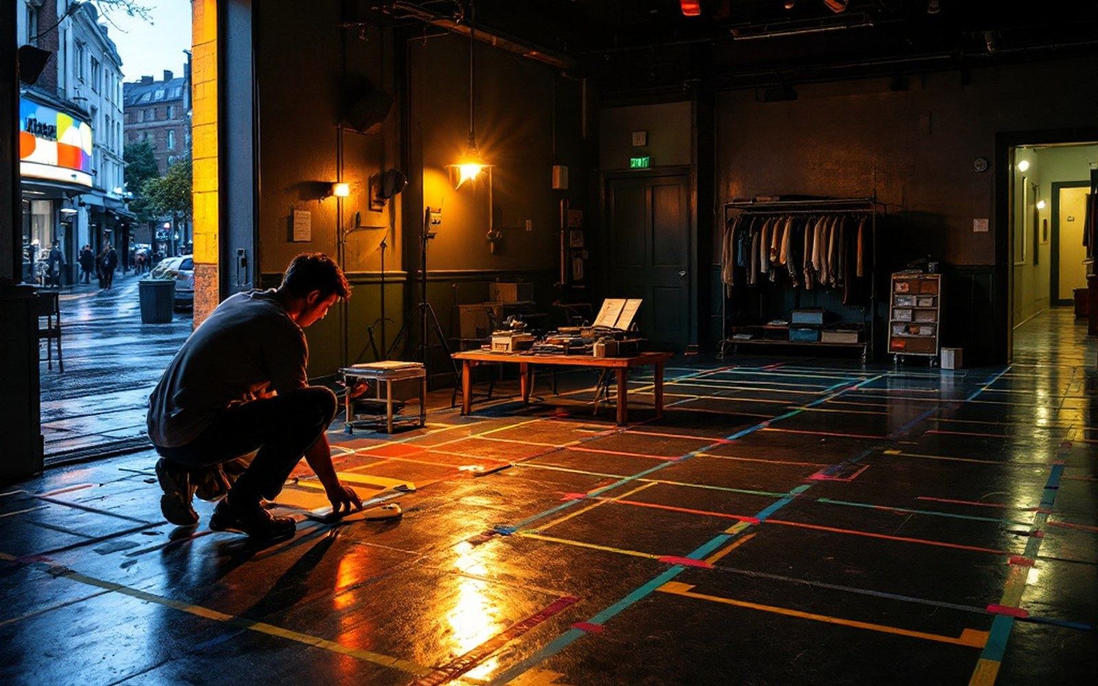 A rehearsal room with coloured tape marking the set on the floor, adults working in ordinary clothes