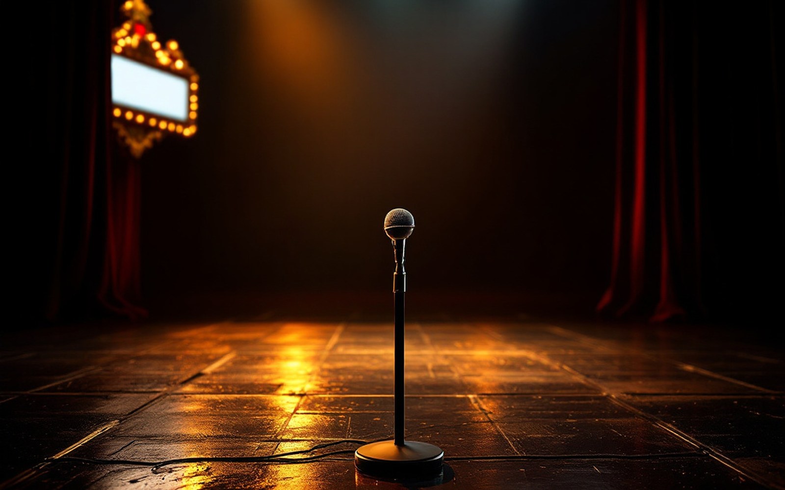 A single microphone on a bare stage under one light