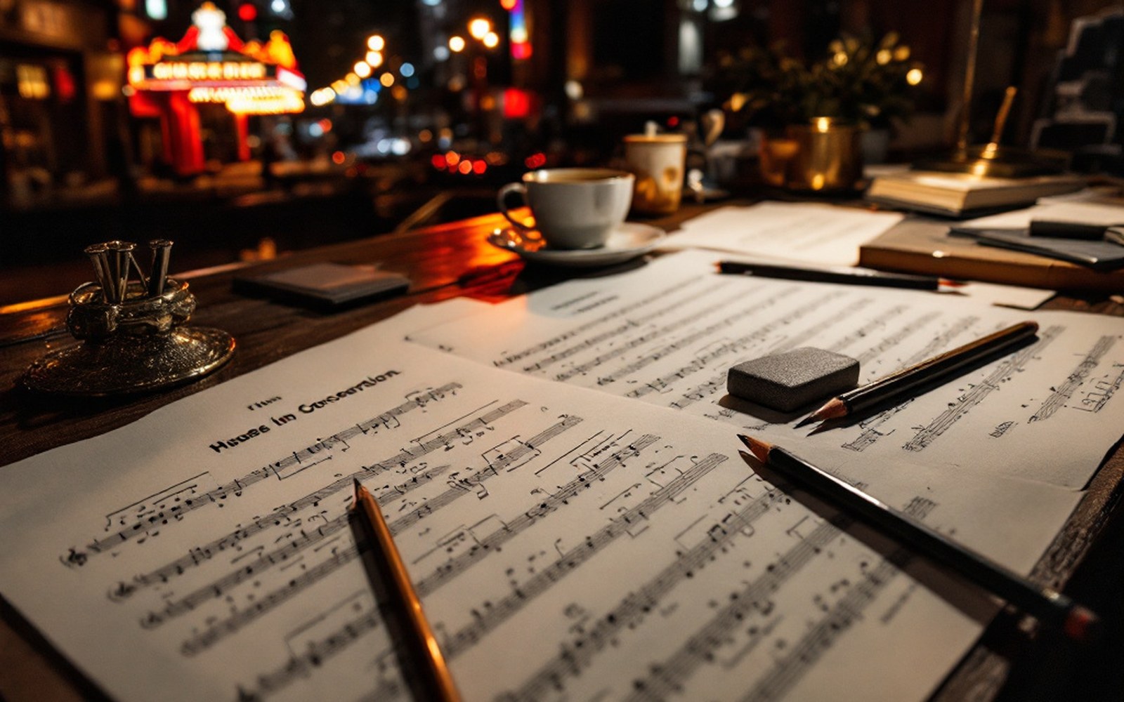 A working orchestration desk: hand-ruled score paper, sharpened pencils and an eraser shield under lamp light