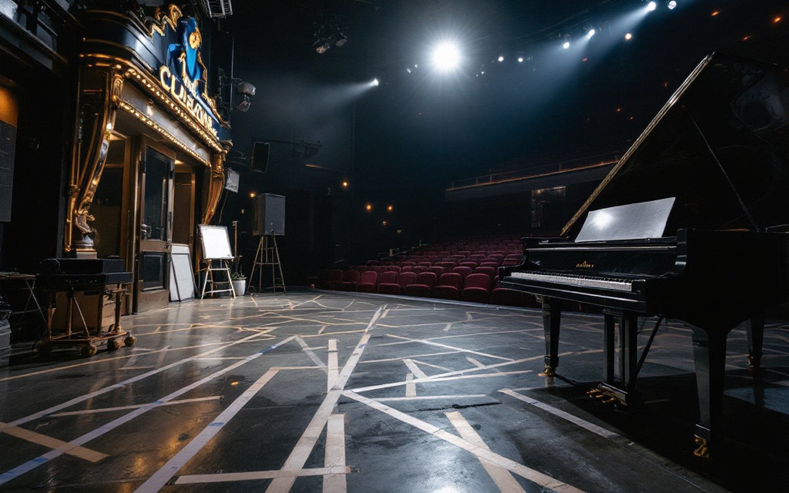 A stage marked out with tape, a piano set at the edge and the empty house beyond