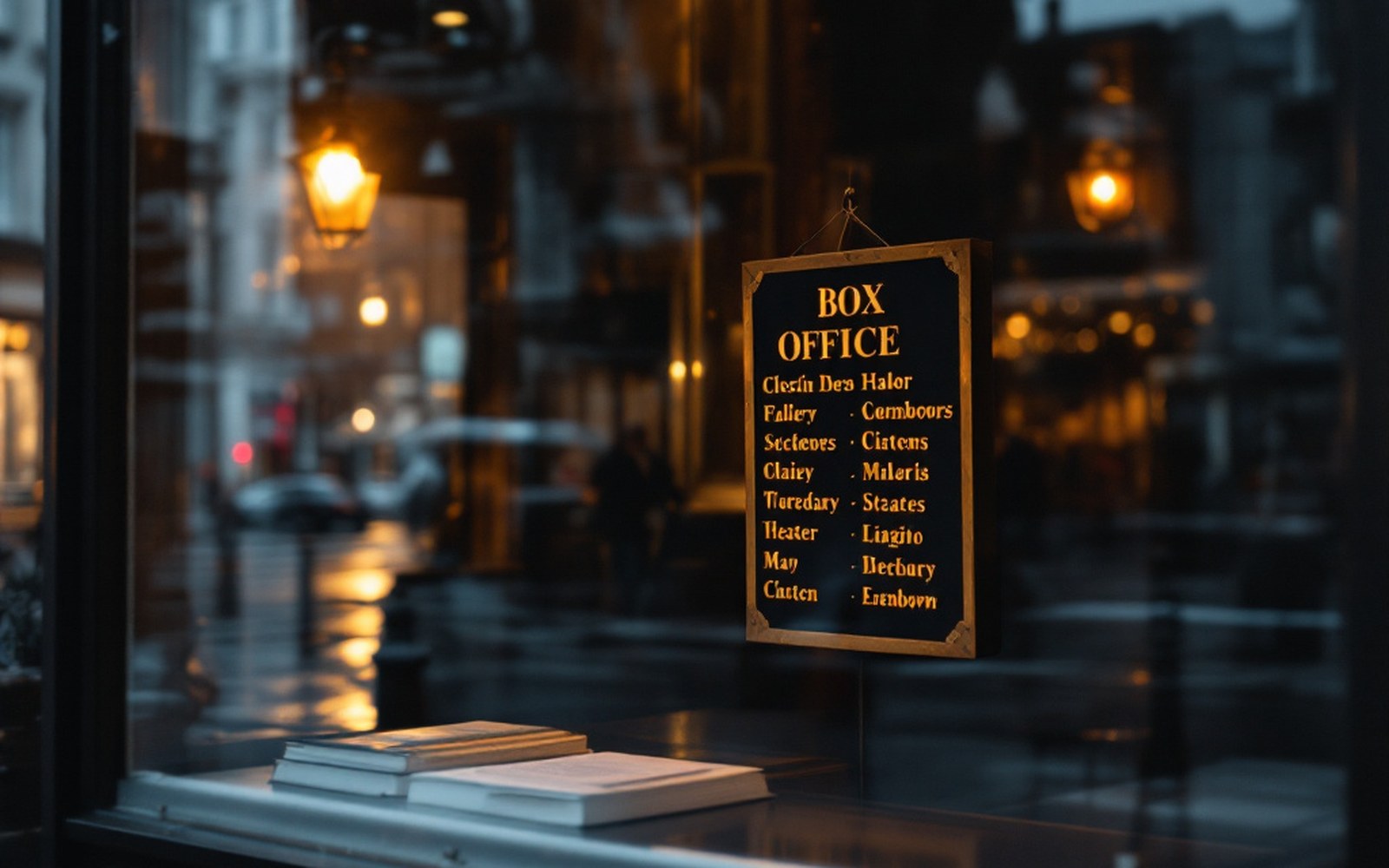 A printed box-office board in a theatre window
