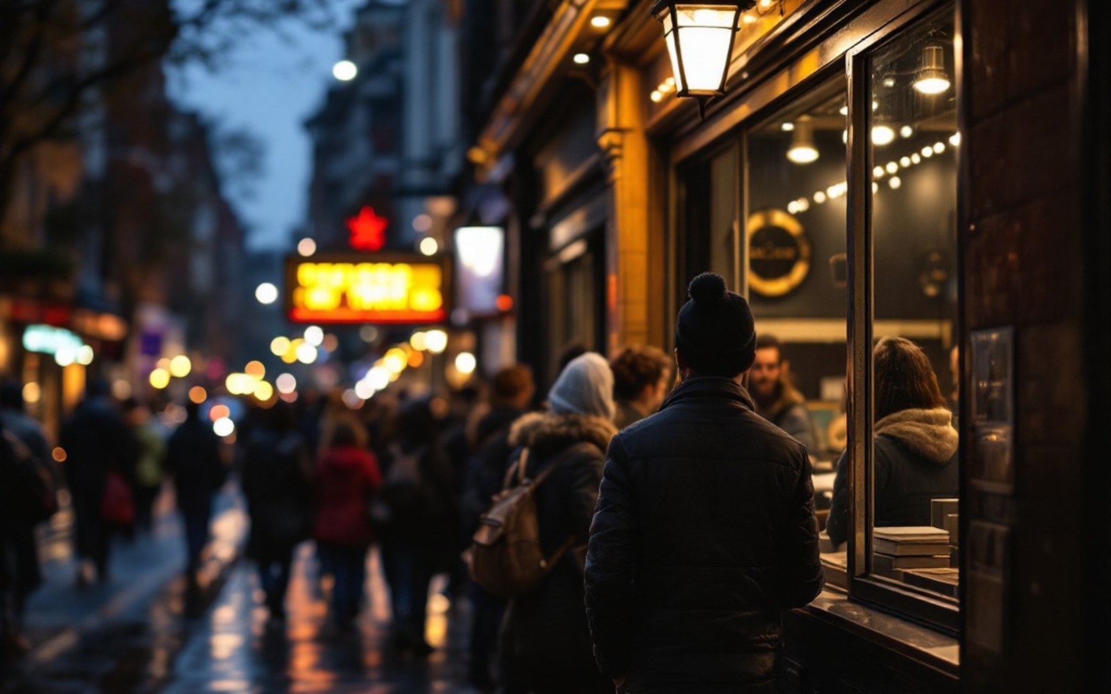 A queue outside a theatre box-office window on a wet evening
