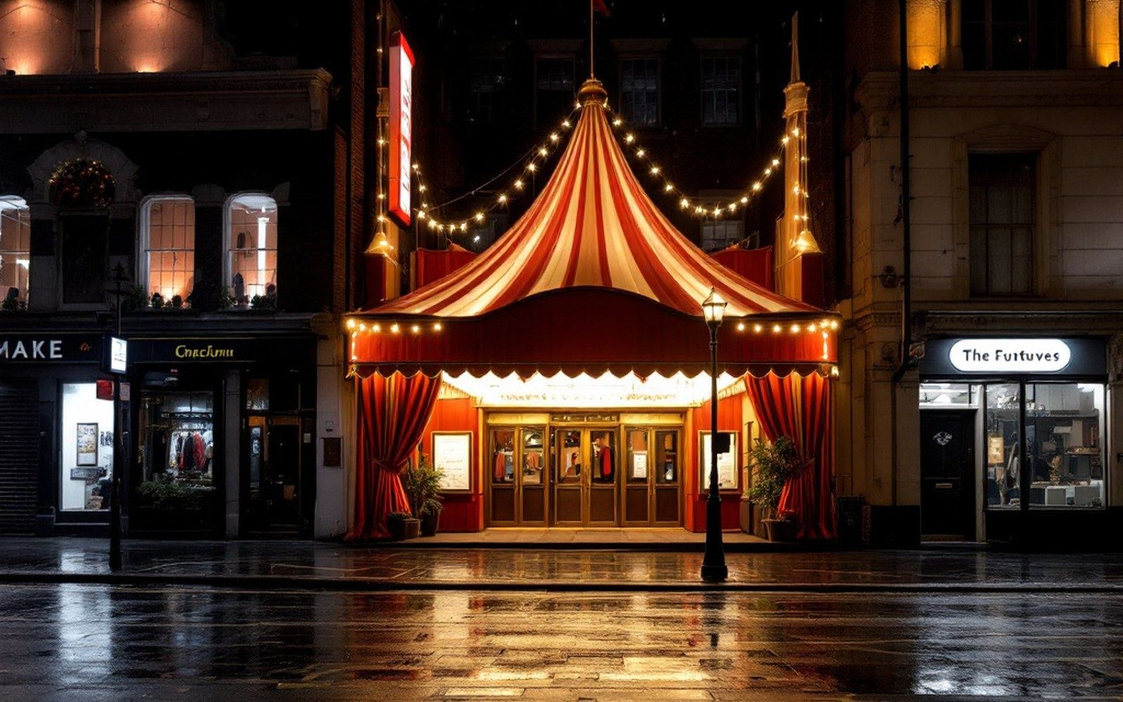 A lit theatre frontage on a wet street at night