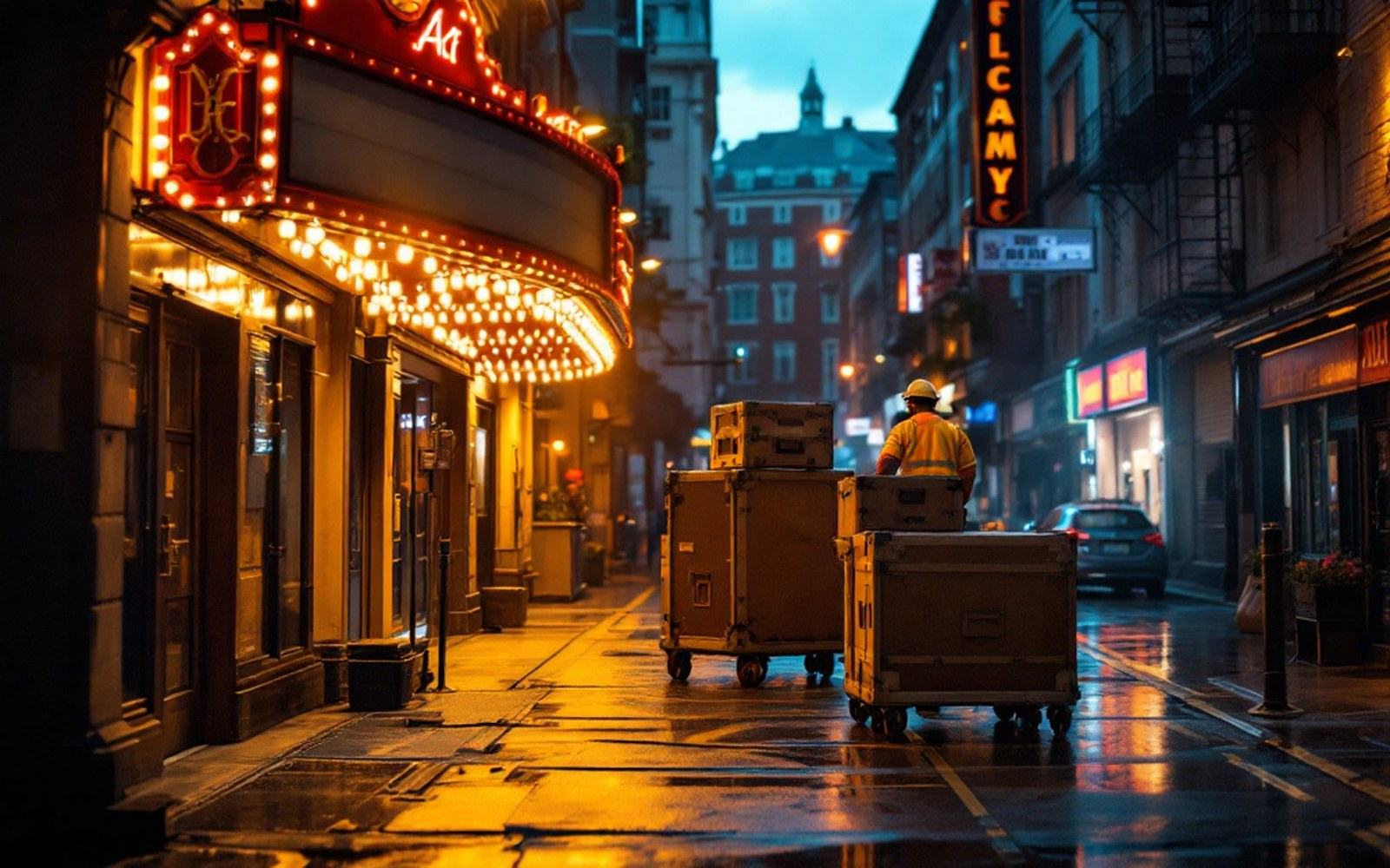 Flight cases being wheeled along a wet street beside a lit theatre marquee