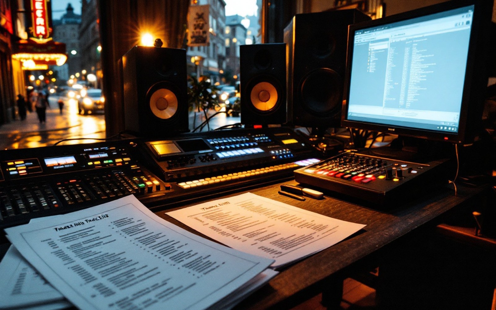 A mastering desk with monitors and a printed track list